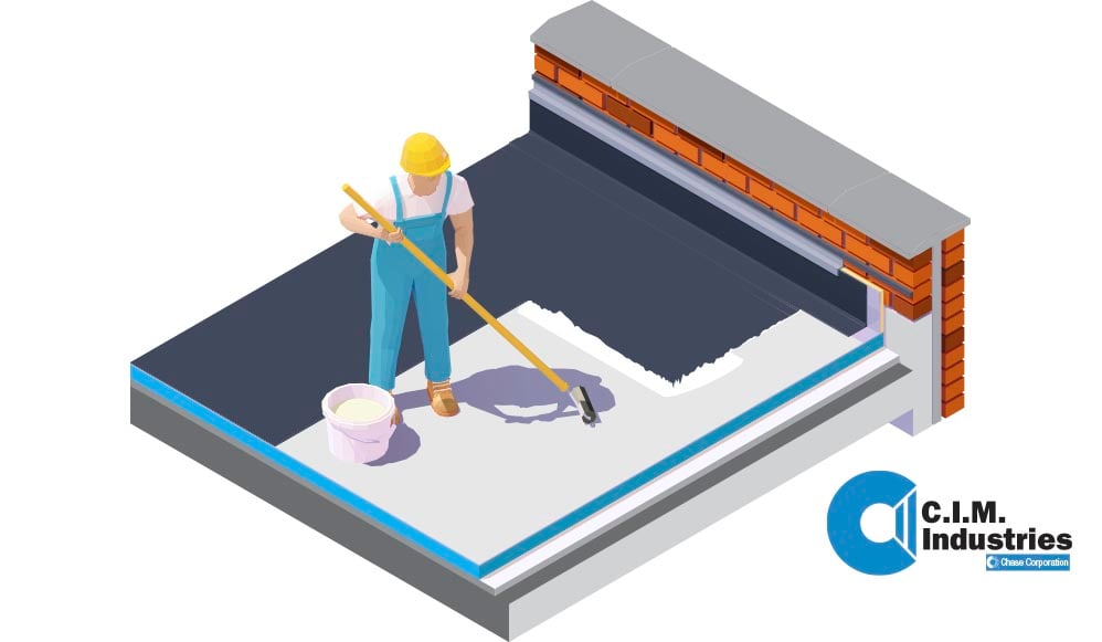 Illustration of a person applying waterproofing coating on a concrete slab